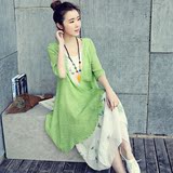 夏季韩版假两件棉麻连衣裙长款修身显瘦文艺范休闲大码两件套装裙