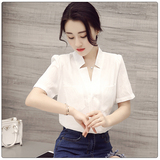 欧洲站2016夏季薄款棉麻白色衬衫女 韩版修身纯色V领工作服衬衣OL