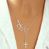 限时包邮 欧美镀银项链 精致简约树叶十字架项链锁骨链 饰品女