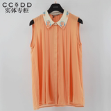 CCDD专柜正品2016夏装新款女 创意纯色简约上衣 雪纺宽松无袖衬衫