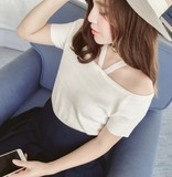 韩版性感露肩一字领挂脖上衣女夏季修身显瘦短袖t恤女 冰丝针织衫