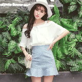 韩国夏装一字领露肩上衣吊带衬衣宽松雪纺衫中袖性感衬衫女娃娃衫