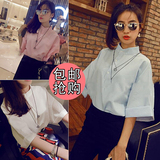 2016夏装新款韩版纯色立领衬衫女装短袖上衣宽松显瘦大码套头衬衣