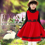 童装女童连衣裙春秋季韩版兔毛绒呢子背心公主裙儿童表演背带裙红