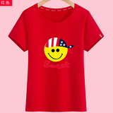 夏季韩版大红色短袖可爱笑脸表情图案印花T恤女士T血纯棉半袖体恤