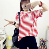红白条纹T恤女装新款潮韩国修身学生宽松纯棉打底衫红色短袖 黑白