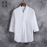 中国风男装七分袖亚麻衬衫男士宽松夏季中式棉麻上衣短袖麻料汉服
