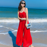 夏天宽松阔腿连衣长裤子雪纺吊带连体裤海边度假沙滩裙海滩裙红色