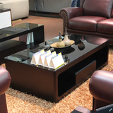 简约茶几现代黑色橡木皮茶桌钢化玻璃电视柜茶几组合套餐客厅家具