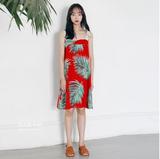 韩国 夏日度假风情椰子树印花配色棉麻背带连衣裙 波西米亚吊带裙