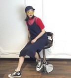 韩国定制 复古拼接针织高领短袖tee+性感V领吊带背心裙两件套装女
