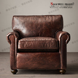 新品美式法式时尚高端实木真皮单人沙发休闲椅意大利蜡变皮沙发椅
