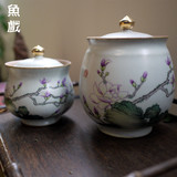 鱼戏 茶叶罐 陶瓷 密封罐 汝窑复古 大号茶叶包装 普洱茶罐