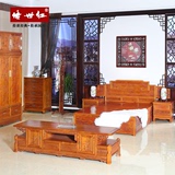 实木双人床 榆木床 中式山水雕刻大床 明清仿古中式古典家具1.8米