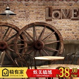 3D欧式复古木纹车轮大型壁画怀旧奶茶咖啡服装店餐厅墙纸砖纹壁纸