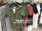 HM H＆M潮女装香港代购专柜正品黑色军绿色红色V领短袖T恤螺纹夏