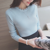 2016秋装新款韩版修身显瘦打底衫套头花边领长袖针织衫紧身毛衣女