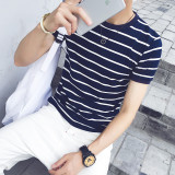 夏季加大码圆领短袖T恤男士学生修身条纹男装半袖衣服韩版体恤潮