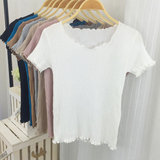 2016夏韩版冰丝棉短款T恤女套头修身木耳边针织短袖纯色打底衫薄