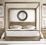 美式柱子床1.5米1.8米风化白做旧复古卧室做旧橡木四柱床架子床