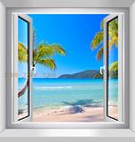 新款墙贴 假窗装饰贴 假窗墙贴 3D立体墙贴 海边风景 椰树沙滩