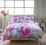 紫色大花牡丹中国风床上用品四件套结婚加厚纯棉磨毛被套床单床品