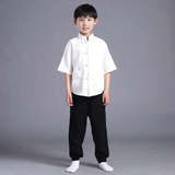 日常款 亚麻小男孩儿童中国风式唐装复古民国学生短袖衬衣衫夏装