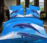 3D蓝色大海 海豚四件套纯亲肤棉 双人秋冬风景鱼被套床单床上用品