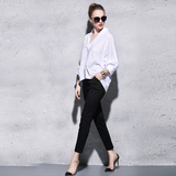 女式职业套装欧洲站精品女装白衬衫上衣+黑色哈伦裤欧美风两件套