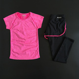 春夏瑜伽运动套装女子跑步健身速干短袖T恤假两件运动休闲九分裤