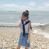 ZZhen 夏季新品韩版修身显瘦条纹无袖衬衫纯色可拆卸披肩套装女