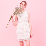 LYMK原创设计 2016春夏新品 白色绣花蕾丝无袖收腰连衣裙 短裙 女