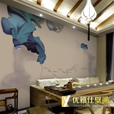 3D中式水墨荷叶莲花壁纸手绘古典壁画餐厅包间卧室客厅瑜伽房墙纸