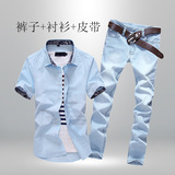 春夏季韩版男式装短袖衬衫牛仔长裤子搭配套装休闲潮流衬衣服外套
