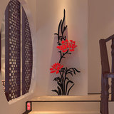 荷花3D立体墙贴玄关走廊亚克力客厅壁画中式餐厅田园镜面房间壁纸