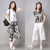 2016夏季新款女装韩版两件套梅花鹿短袖上衣棉麻阔腿裤女时尚套装