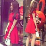 韩国代购2016夏装新款女装a字蓬蓬连衣裙气质红色小香风裙子短裙
