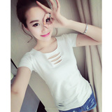 【天天特价】夏季韩国显瘦学生风韩版上衣修身破洞短袖女体恤衫潮