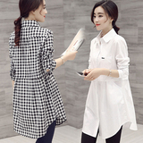2016春装新款韩版宽松黑白格子衬衫女中长款长袖休闲学生衬衣上衣