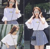 2016夏装新款韩版宽松显瘦喇叭袖圆领T恤上衣+格子短裙两件套装女