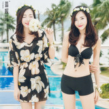 Bikini - 韩国罩衫黑色比基尼三件套钢托小胸聚拢性感分体泳衣女