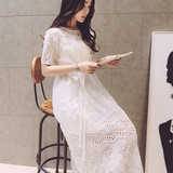 大码宽松显瘦胖mm雪纺连衣裙夏a型中长款韩国白色蕾丝长裙仙女装