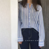16号。韩国订单款 春秋季圆领衬衫拼蕾丝条纹蓝女长袖薄款单排扣