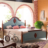 地中海1.8米床美式乡村风格双人床公主床婚床原木/蓝色套房实木床