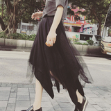 2016夏装韩版新款公主黑色高腰A型网纱蕾丝不规则蓬蓬半身裙长裙