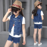 2016夏季新款时尚韩版儿童无袖牛仔短裤两件套儿童夏装女童装套装