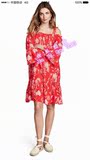 2016夏季新款HM专柜正品女装一字领红花色棉布吊带短连衣裙