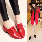 红色小皮鞋系带中跟低跟高跟鞋粗跟学院风尖头单鞋秋天女土真皮潮