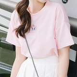 夏季新款韩版学院风软妹可爱猫咪刺绣圆领短袖T恤 甜美粉色女上衣