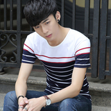 条纹青少年韩版修身圆领短袖t恤男夏季短袖韩版潮流学生男装上衣